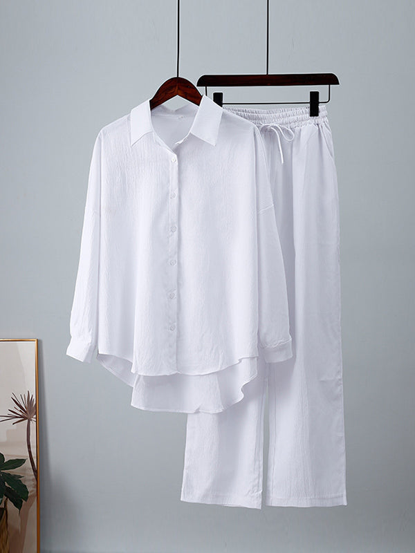 Solid Color Split-Joint High-Low Long Sleeves Buttoned Lapel Blouses + Drawstring Pants Two Pieces Set