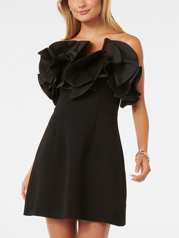 Solid Color Split-Joint Three-Dimensional Flower Zipper A-Line Sleeveless Tube Mini Dresses