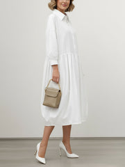 Buttoned Pleated Solid Color Split-Joint Long Sleeves Loose Lapel Midi Dresses