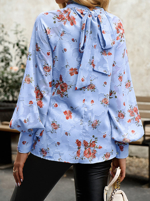 Flower Print Tied Long Sleeves Loose Mock Neck Blouses&Shirts Tops