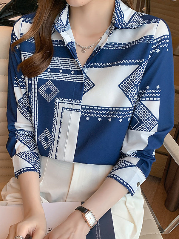Buttoned Printed Long Sleeves Loose Lapel Blouses&Shirts Tops
