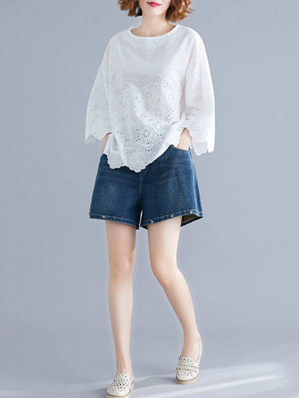 Hollow Print Loose Three-quarter Sleeves Round-neck Blouses&shirts Tops