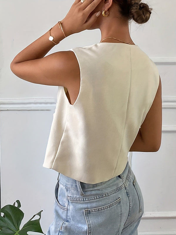 Buttoned Pockets Split-Joint Loose Sleeveless Round-Neck Vest Top