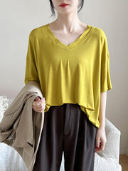 Solid Color Split-Joint Loose Short Sleeves V-neck T-Shirts Tops