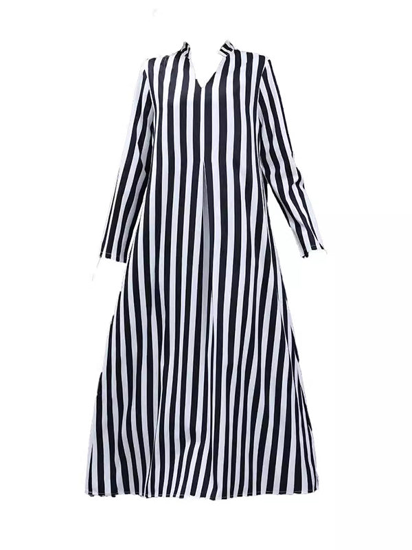 Contrast Color Pleated Striped A-Line Long Sleeves V-Neck Maxi Dresses