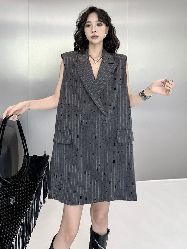 Striped Loose Sleeveless Lapel Vest Top