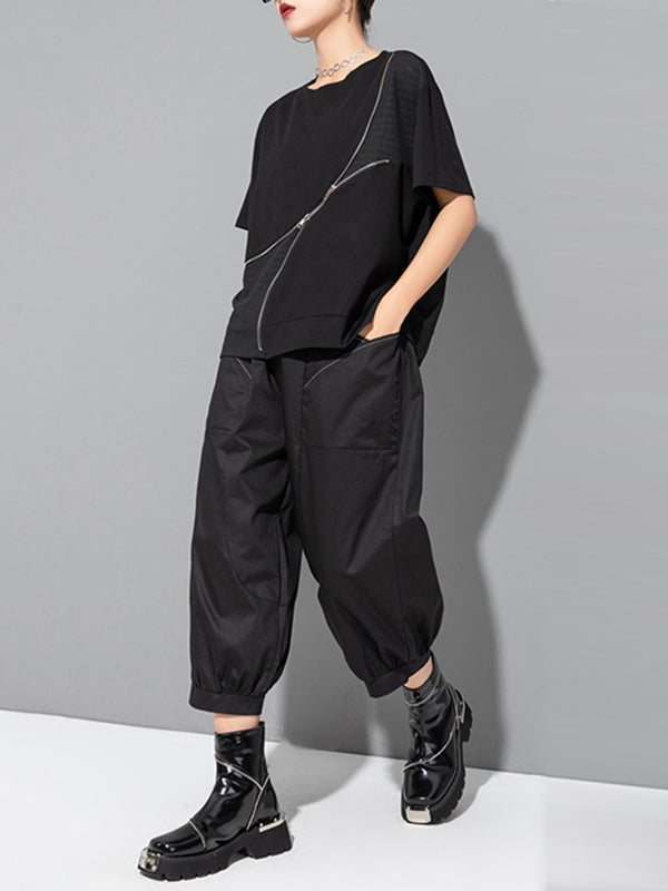 Asymmetric Split-Joint Zipper Loose Short Sleeves Round-neck T-Shirts Tops