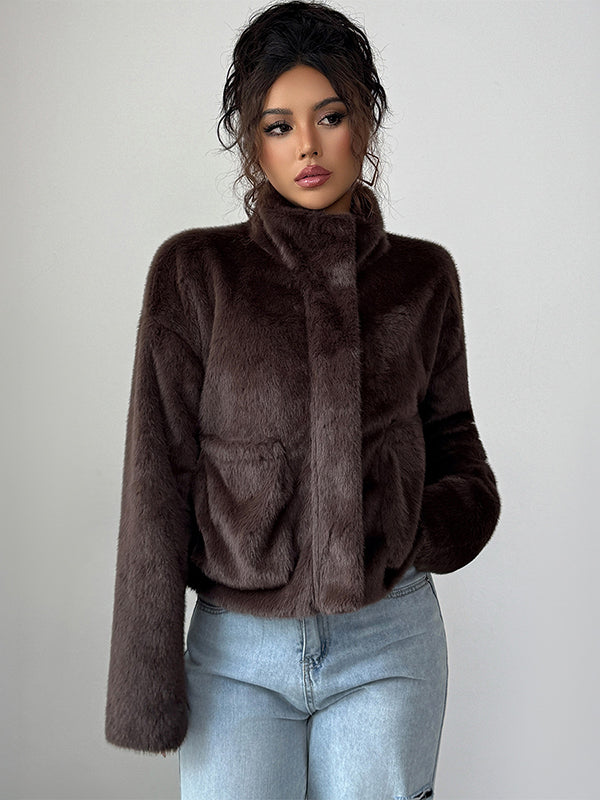 Pockets Solid Color Zipper Long Sleeves Loose Stand Collar Sweater Tops Outerwear