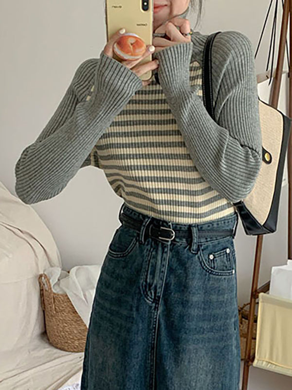 Contrast Color Striped Long Sleeves Skinny High Neck Sweater Tops Pullovers