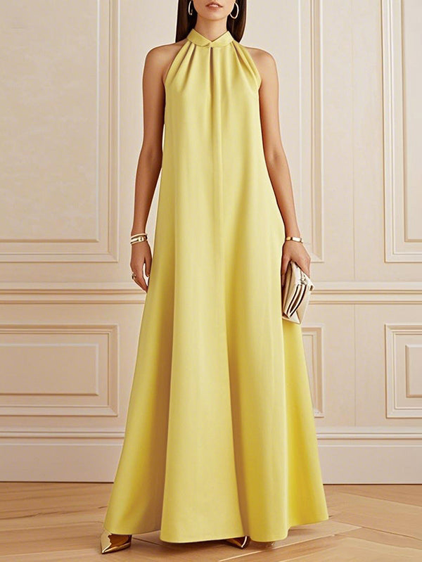 Pleated Solid Color A-Line Loose Mock Neck Maxi Dresses