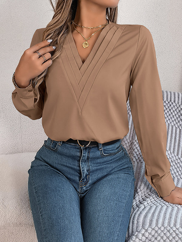 Pleated Solid Color Split-Joint Long Sleeves Loose V-Neck T-Shirts Tops