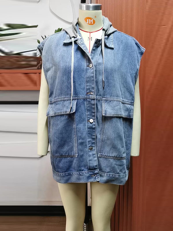 Buttoned Detachable Hooded Pockets Split-Joint Loose Sleeveless Lapel Collar Vest Outerwear
