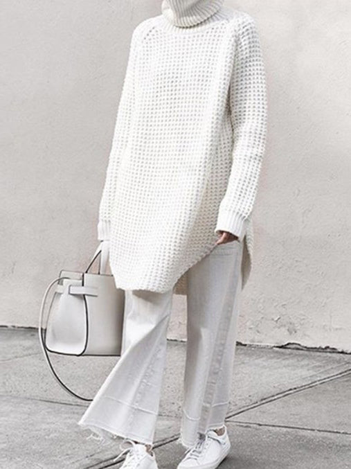 Loose Solid Knitting High-neck Long Sweater