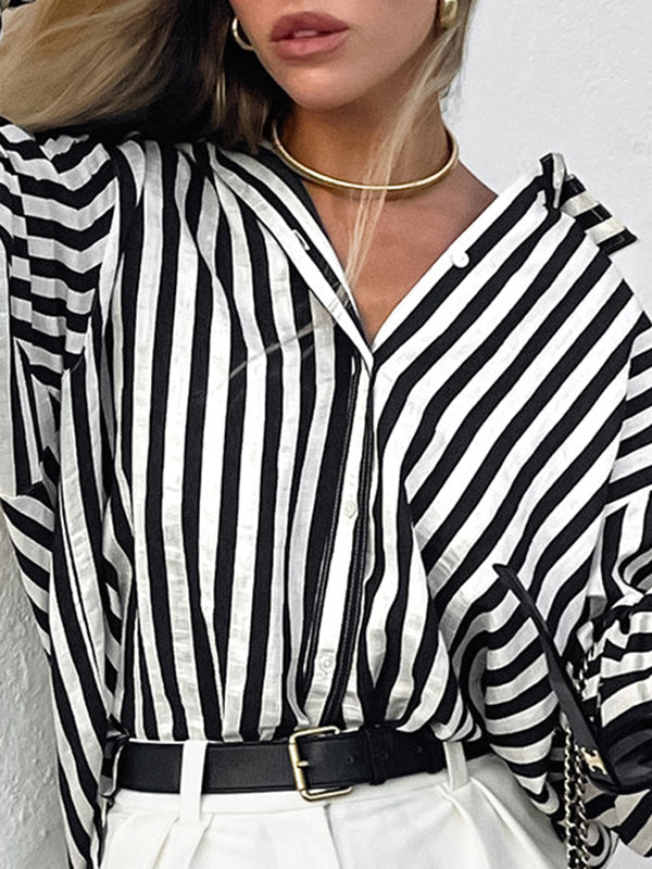 Split-Joint Striped Long Sleeves Loose Lapel Blouses