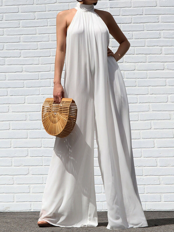 Sleeveless Wide Leg Solid Color High-Neck Jumpsuits