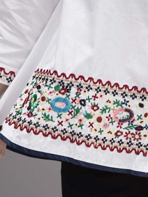 Buttoned Embroidered Loose Three-Quarter Sleeves Stand Collar Blouses&Shirts Tops