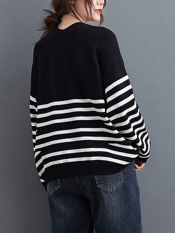 Artistic Retro Casual Loose Striped V-Neck Long Sleeves Knitted Sweater