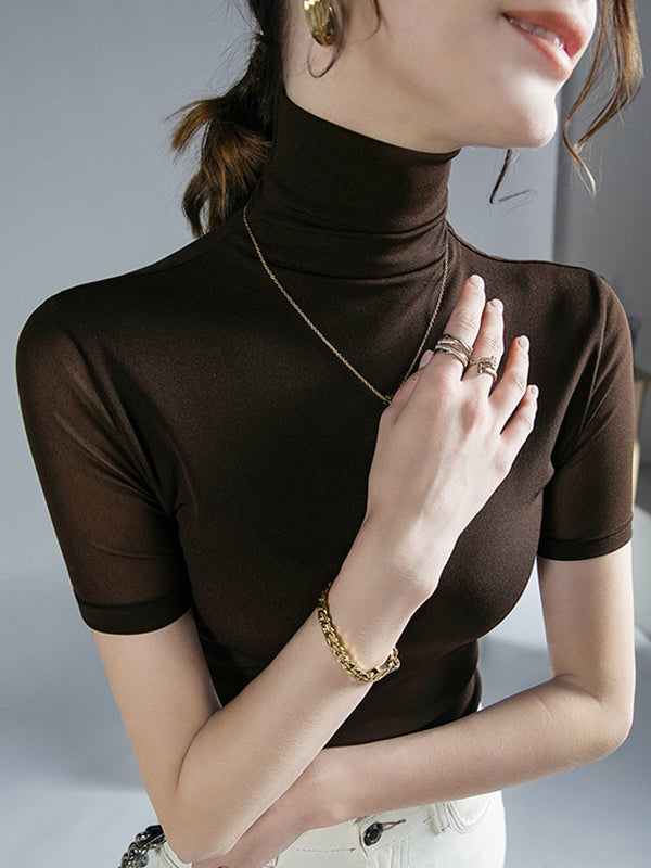 Solid Color Half Sleeves Skinny High Neck T-Shirts Tops