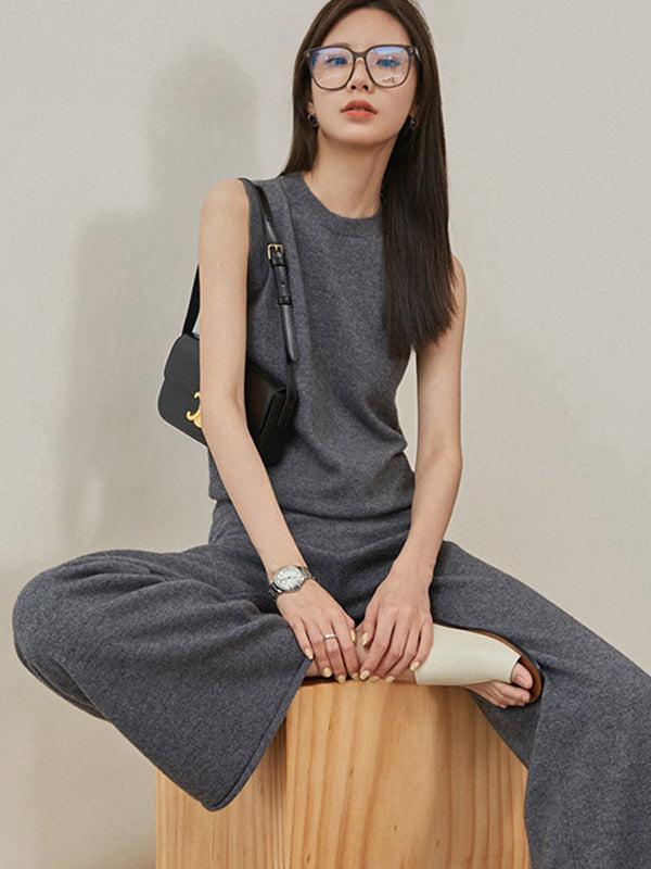 Urban Loose Solid Round-Neck Vest Top& V-Neck Sweater Tops& Wide Leg Pants Three-Piece Set