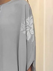 Floral Printed Hollow Split-Joint Batwing Sleeves Loose Round-Neck Blouses