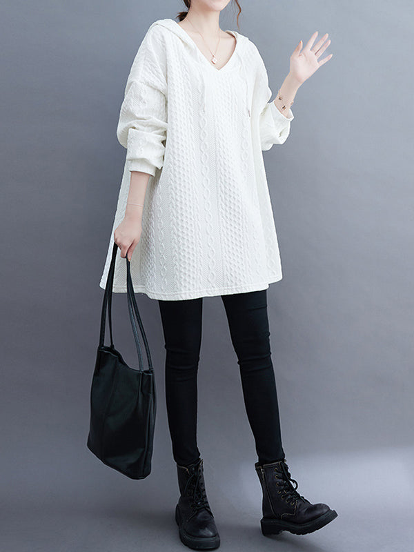 Drawstring Jacquard Solid Color Split-Joint Hooded Long Sleeves Hoodies Tops