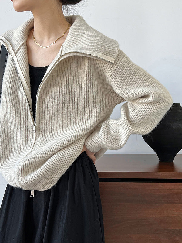Solid Color Zipper Long Sleeves Loose Lapel Cardigan Tops