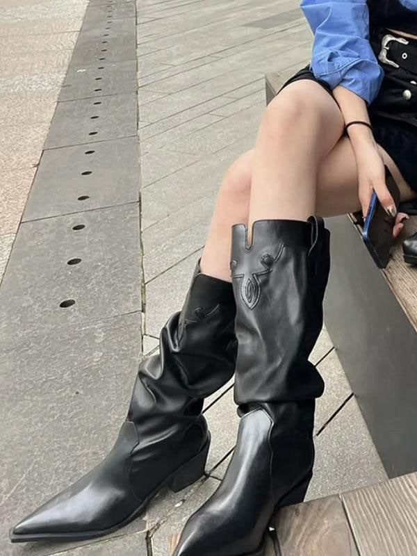 Pleated Pointed-Toe Solid Color Chunky Shoes Boots
