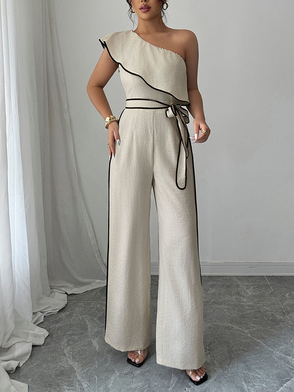 Elasticity Tied Waist High Waisted Wide Leg One-Shoulder Jumpsuits