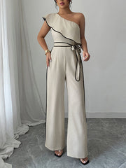 Elasticity Tied Waist High Waisted Wide Leg One-Shoulder Jumpsuits