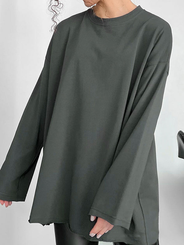 Solid Color Long Sleeves Loose Round-Neck T-Shirts Tops