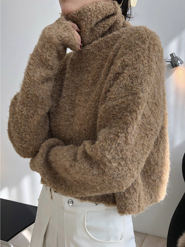 Stylish Solid High-Neck Wool-Blend Sweater