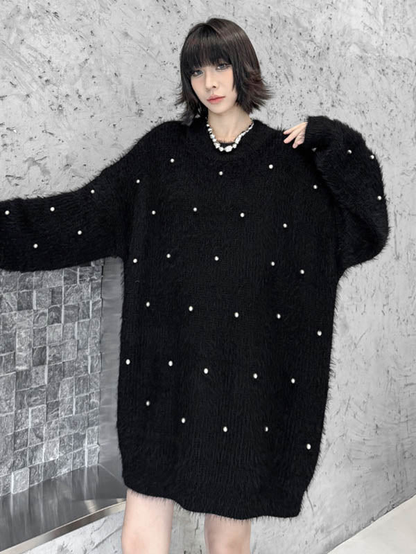 Beads Contrast Color Shiny Split-Joint Long Sleeves Loose Round-Neck Sweater Dresses Mini Dresses