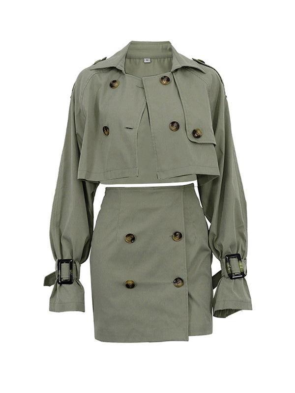 Buttoned Long Sleeves Buckle Split-Joint Lapel Outerwear Top + Bodycon Skirts Bottom Two Pieces Set