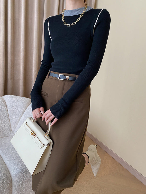 Contrast Color Split-Joint Long Sleeves Skinny Round-Neck Sweater Tops Pullovers