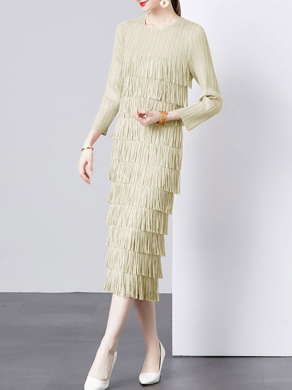 Pleated Solid Color Split-Joint Tasseled Long Sleeves Loose Round-Neck Midi Dresses