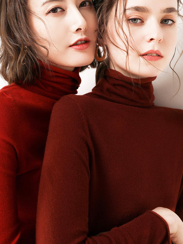 Casual Skinny Long Sleeves Solid Color Heaps Collar Sweater Tops Pullovers