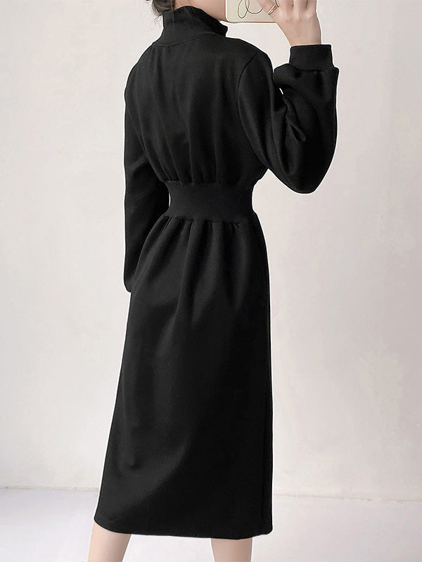 Asymmetric Split-Front Zipper Long Sleeves High Neck Midi Dresses