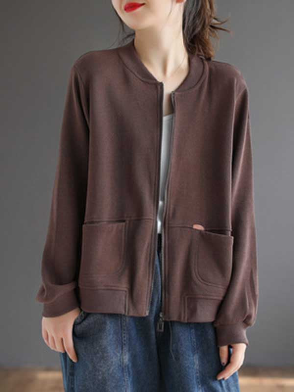Simple Long Sleeves Loose Solid Color Zipper Stand Collar Outerwear