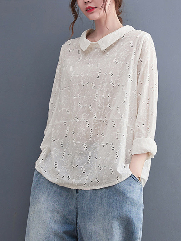 Loose 3 Colors Embroidered Hollow Lapel Collar Long Sleeves T-Shirt