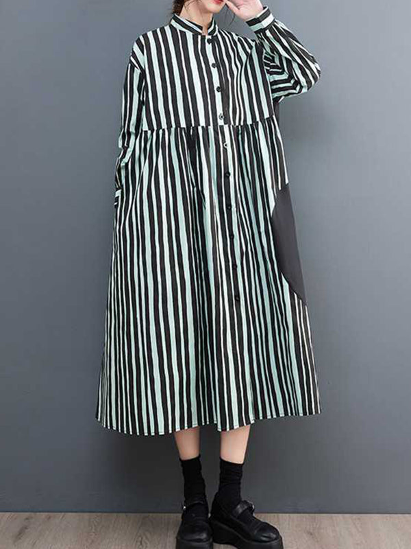 Buttoned Split-Joint Striped Long Sleeves Loose Mock Neck Midi Dresses