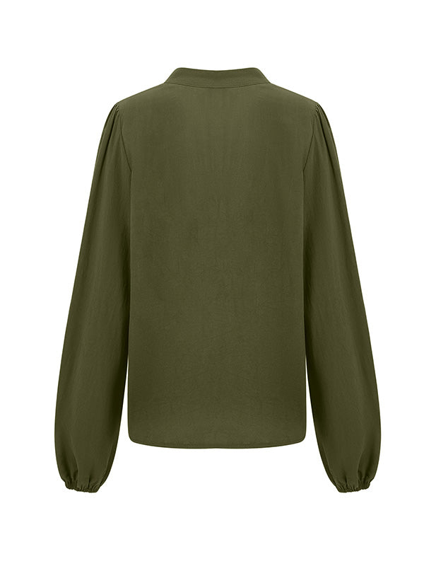 Buttoned Elasticity Long Sleeves Loose V-neck Blouses&shirts Tops