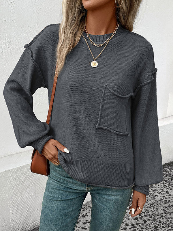 Pockets Solid Color Split-Joint Long Sleeves Loose Round-Neck Sweater Tops Pullovers