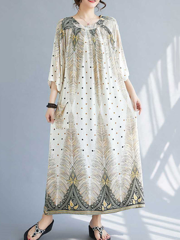 Pleated Pockets Polka-Dot Printed Half Sleeves High Waisted Round-Neck Midi Dresses