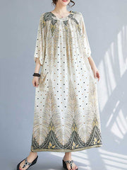 Pleated Pockets Polka-Dot Printed Half Sleeves High Waisted Round-Neck Midi Dresses