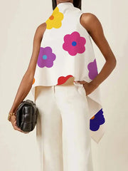 High-Low Loose Floral Printed High-Neck Vest Top