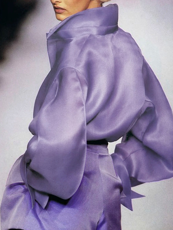 Solid Color Split-Joint Tiered Long Sleeves Loose Lapel Blouses&Shirts Tops