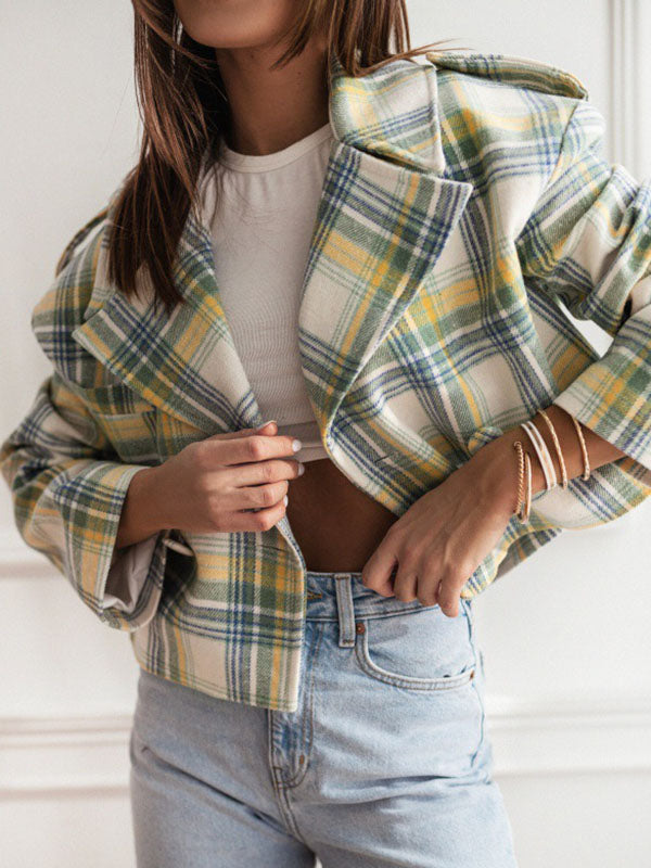 Plaid Split-Joint Long Sleeves Loose Peter Pan Collar Jackets&Coats
