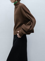 Solid Color Split-Joint Loose Puff Sleeves High Neck Sweatshirt Tops