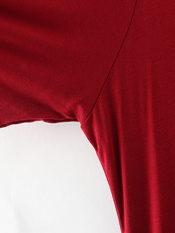 Casual Loose Short Sleeves Split-Side Solid Color V-Neck Midi Dresses