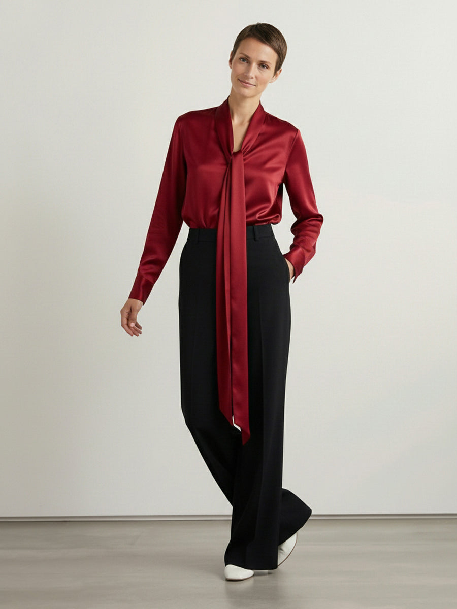 Solid Color Streamer Long Sleeves Loose V-Neck Blouses&Shirts Tops